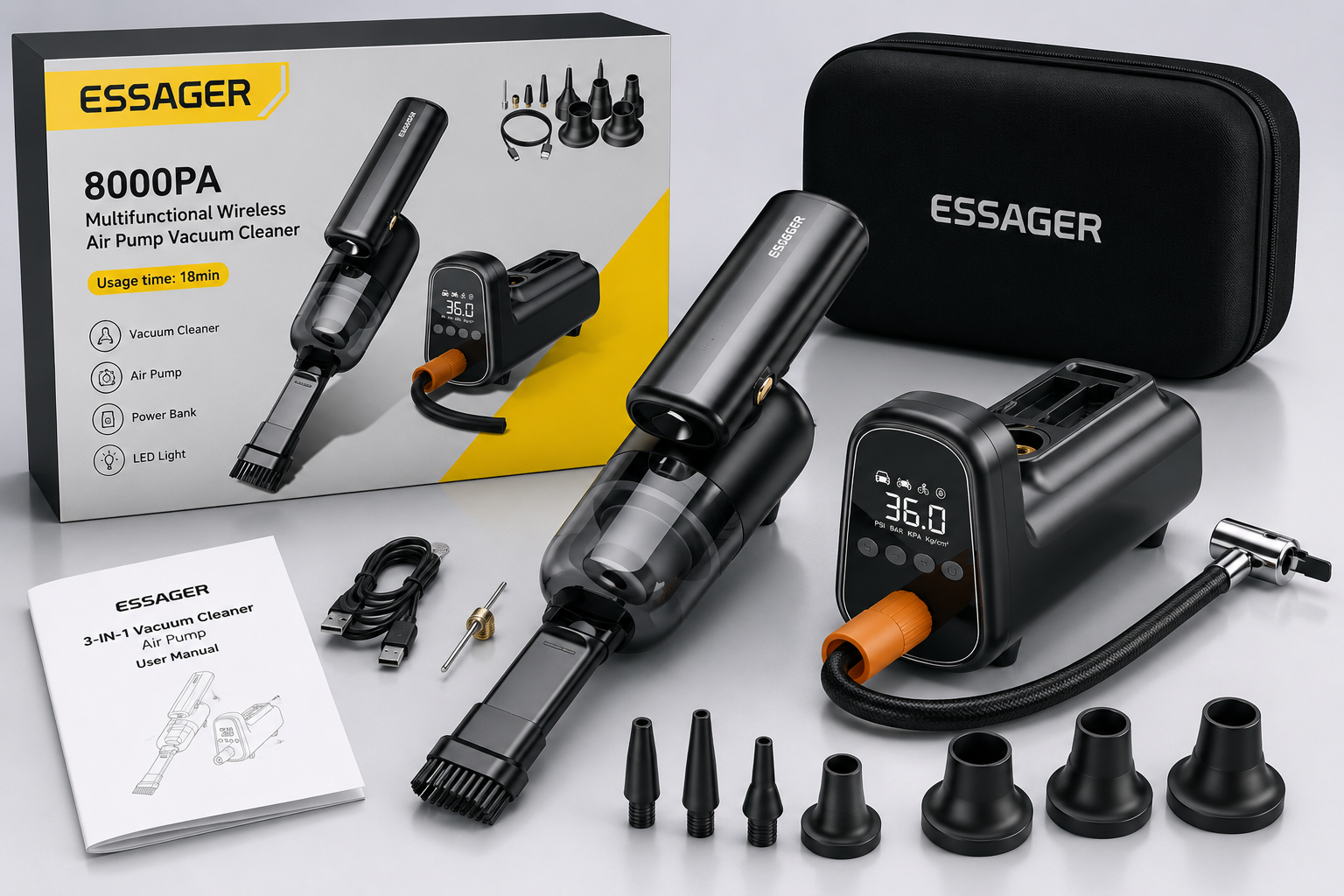 Aspirateur et gonfleur sans fil ESSAGER avec accessoires