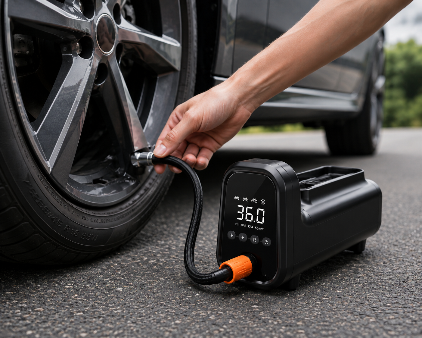 Gonfleur portable ESSAGER utilisé sur un pneu de voiture