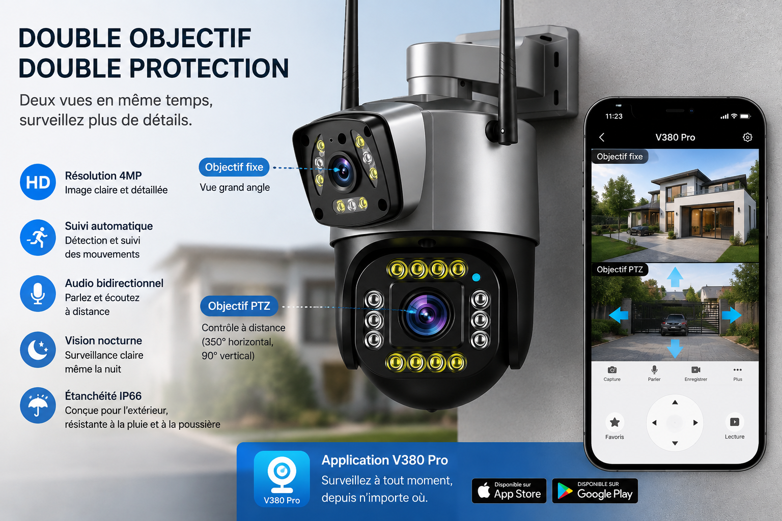 Double objectif et application V380 Pro caméra surveillance