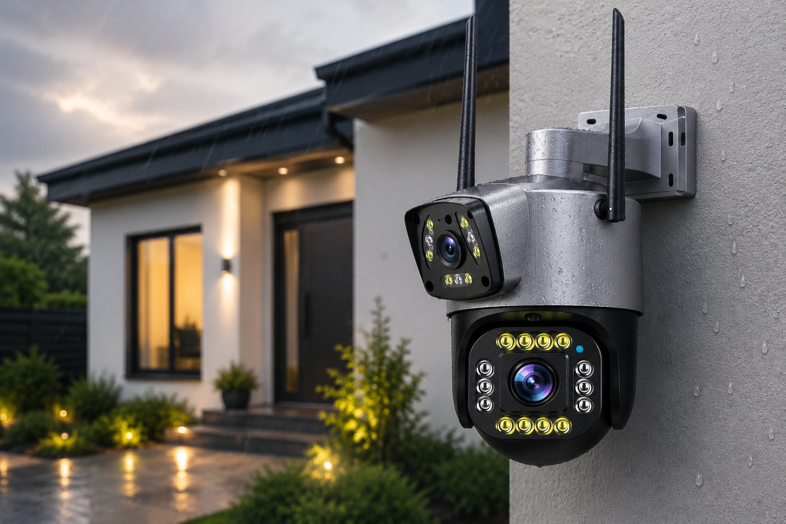 Caméra PTZ WiFi installée à l'extérieur d'une maison