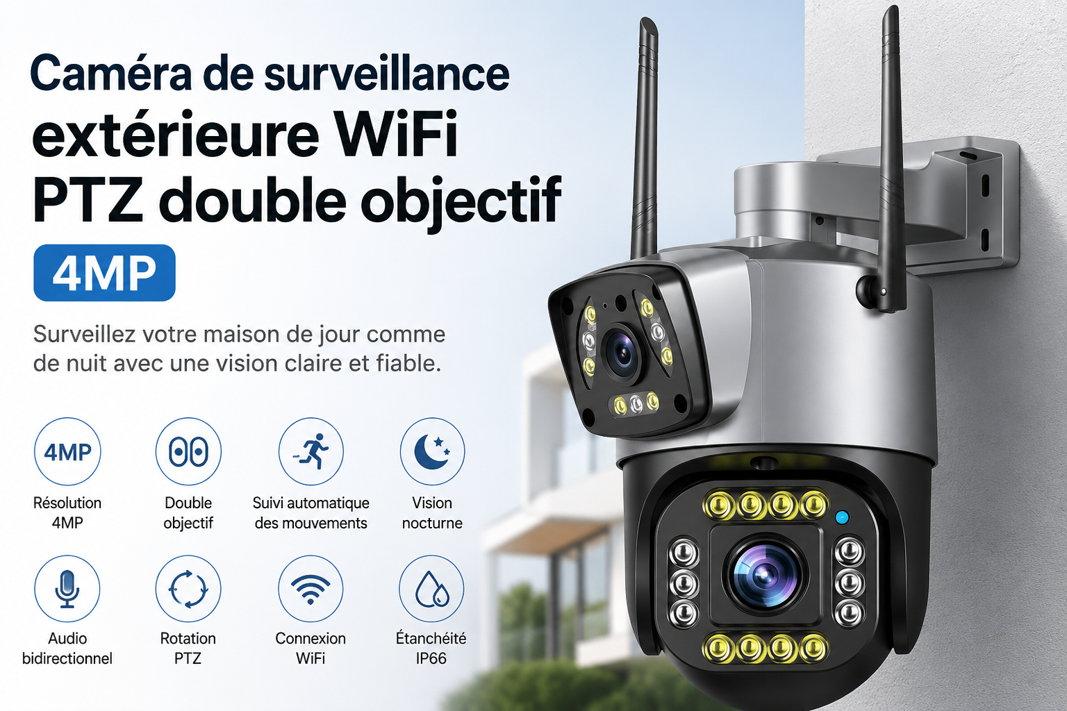 Caméra de surveillance extérieure WiFi PTZ double objectif 4MP