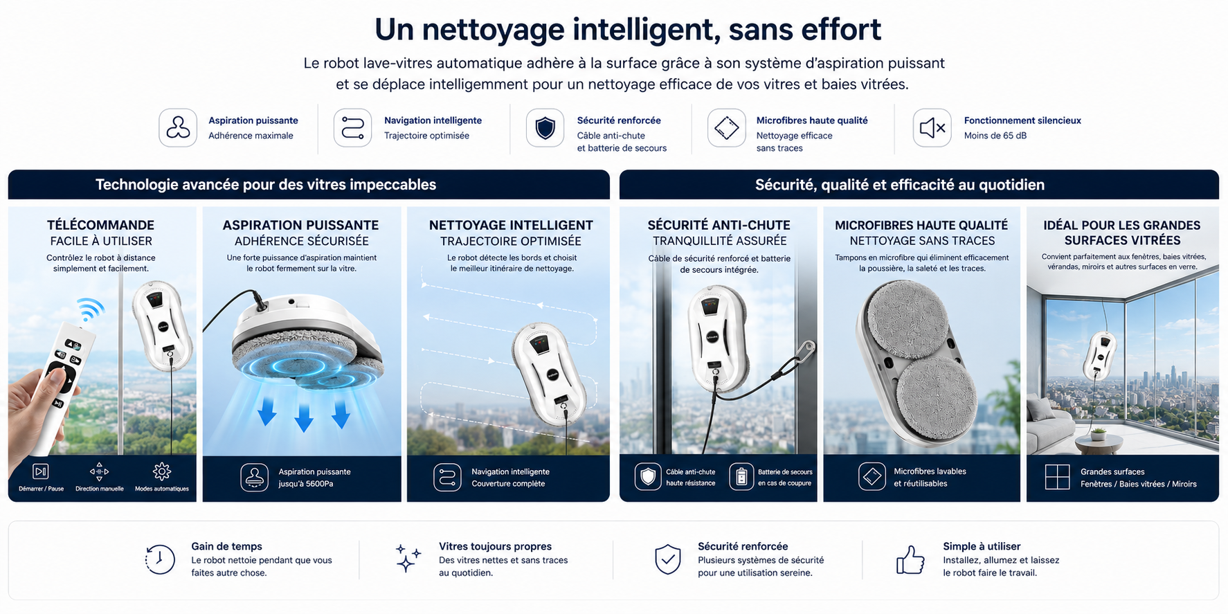 Fonctions du robot lave-vitres avec aspiration puissante navigation intelligente sécurité anti-chute et microfibres
