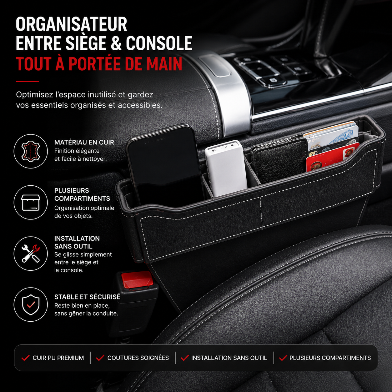 Organisateur entre siège et console voiture