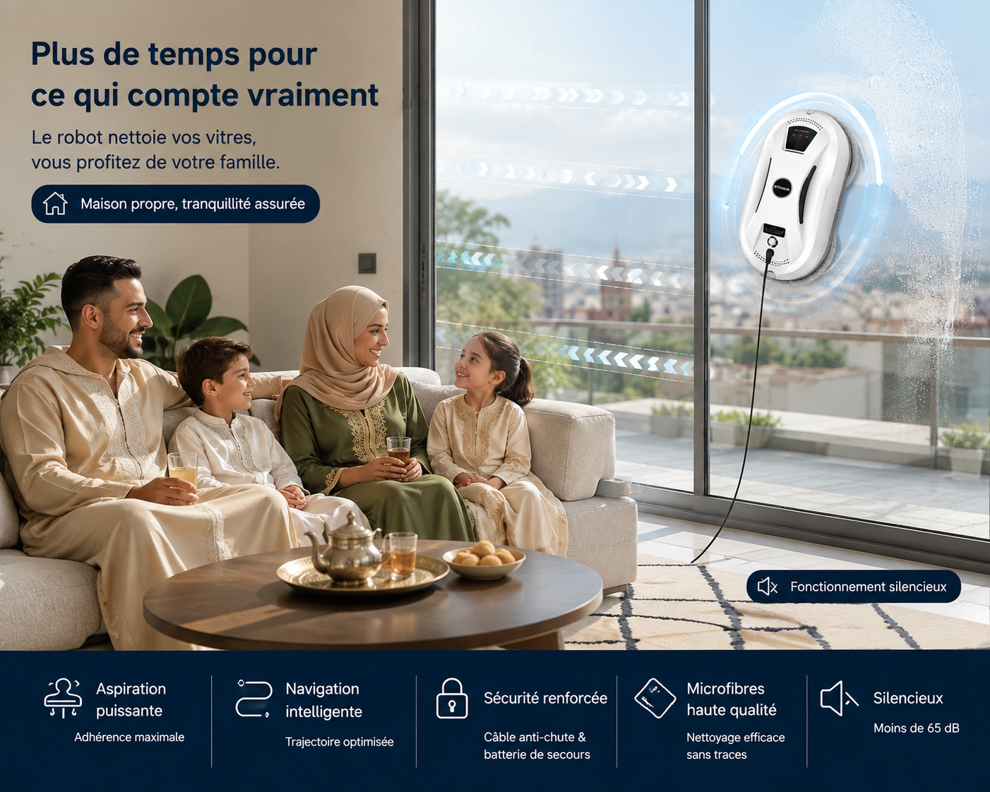 Robot lave-vitres automatique utilisé dans un salon marocain