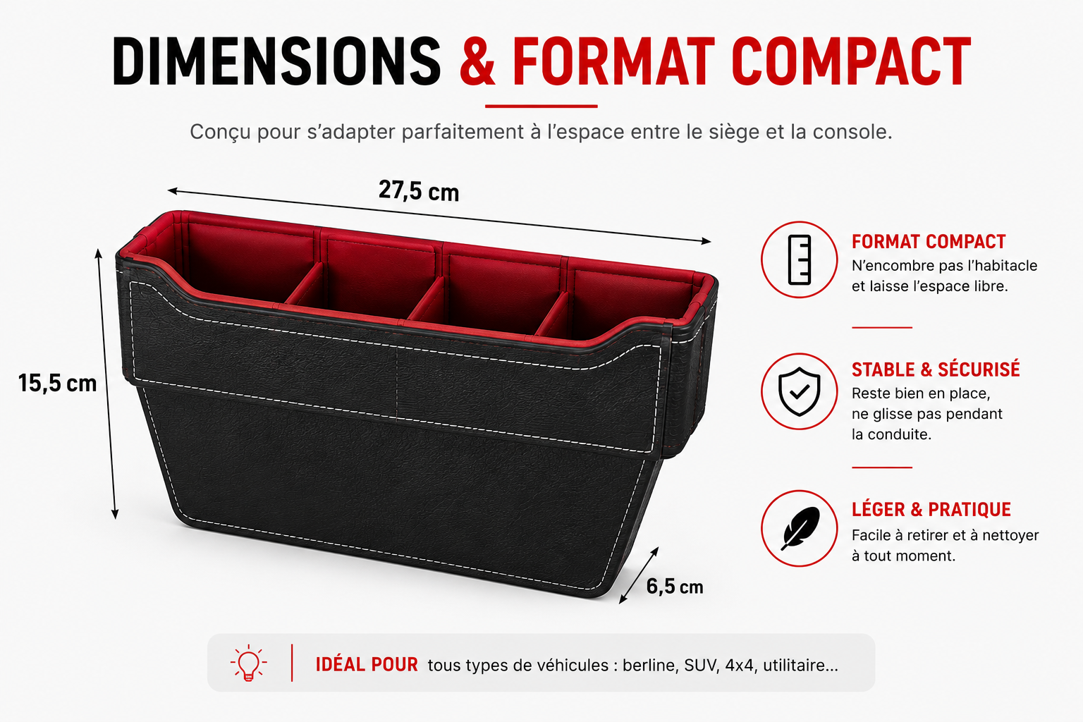 Dimensions organisateur siège console voiture