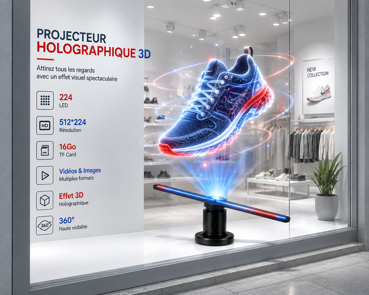 Effet hologramme 3D dans une vitrine