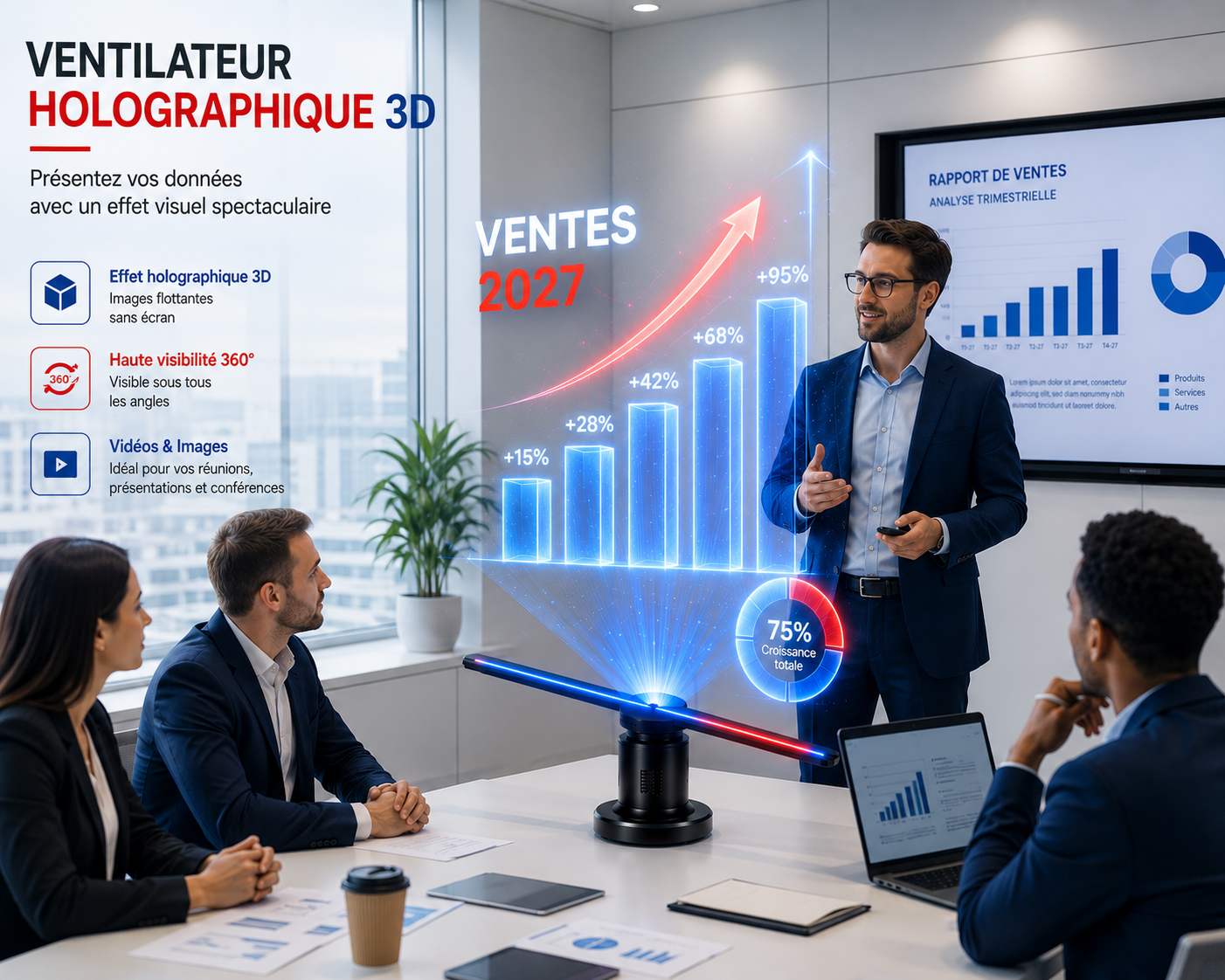 Ventilateur holographique 3D utilisé dans une réunion