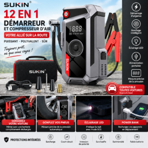 Booster Batterie Voiture 12V SUKIN avec Compresseur d’Air – Démarreur de Secours, Gonfleur & Power Bank