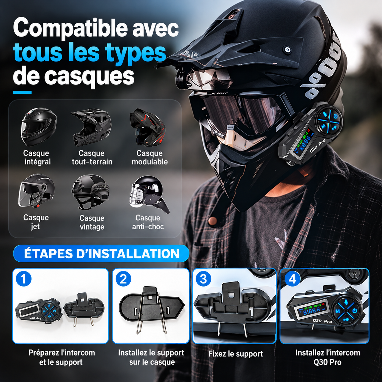 Installation Q30 Pro sur casque moto