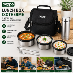 Lunch Box Isotherme Pexpo Delight – 3 Boîtes Inox avec Sac de Transport