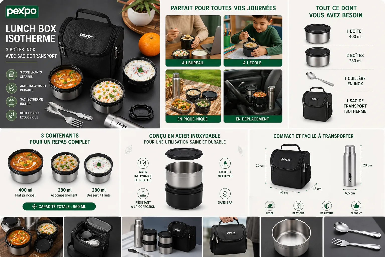 Lunch Box Isotherme Pexpo Delight avec 3 boîtes et sac de transport