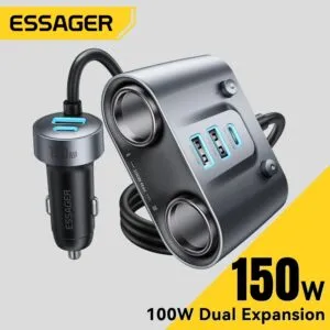 Multi-Chargeur Voiture Essager 150W – Double Prise Allume-Cigare & Hub 5 Ports USB-C / USB-A