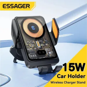 Support Téléphone Voiture Essager avec Chargeur Sans Fil Qi 15W – Rotation 360°