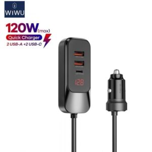 Chargeur Voiture WIWU QC015 120W – 4 Ports USB-C & USB-A avec Rallonge 1.5 m